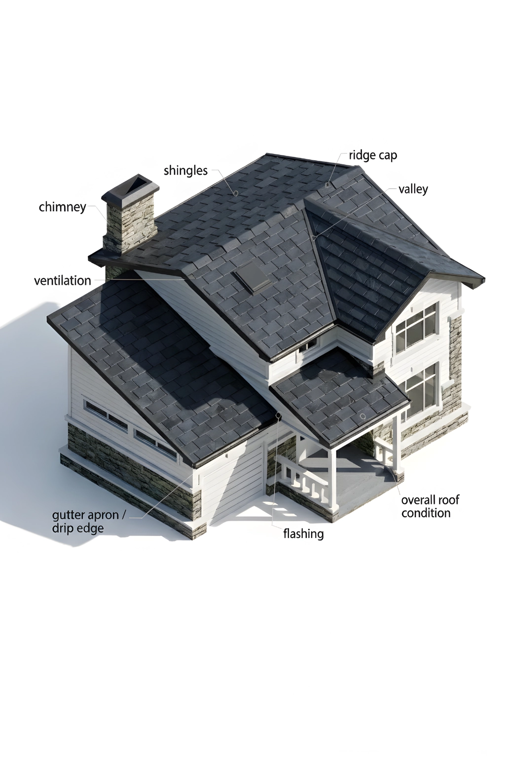 Diagram showing the main parts of a residential roof including shingles, ridge cap, valleys, eaves, soffit, flashing, and gutters.
