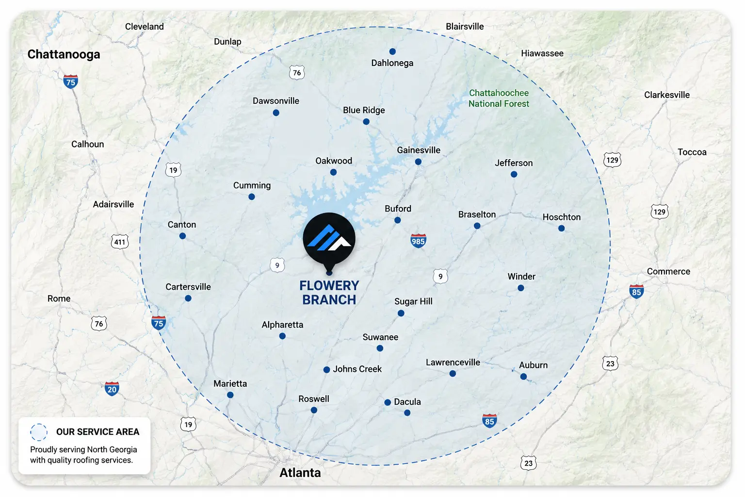 SkyFort Roofing Solutions service area map covering Flowery Branch and surrounding North Georgia communities