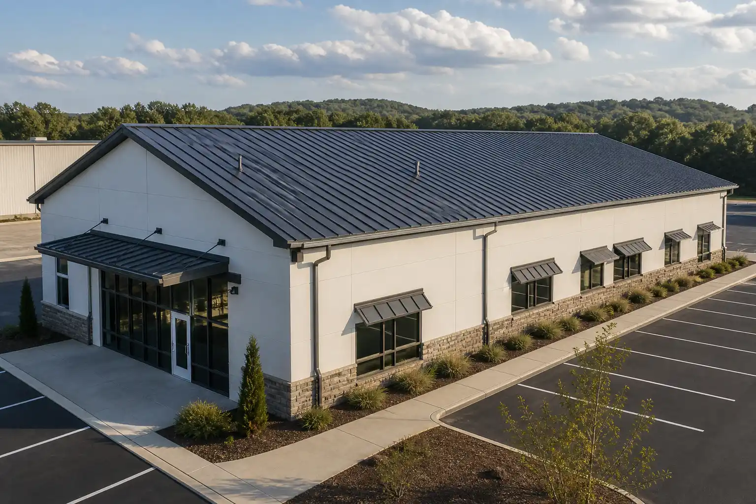 Standing seam metal roof on a North Georgia commercial building