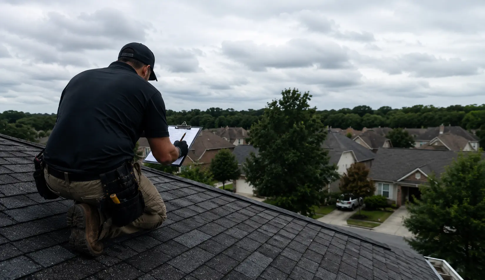 SkyFort roofing professional inspecting an asphalt shingle roof in Flowery Branch, Georgia
