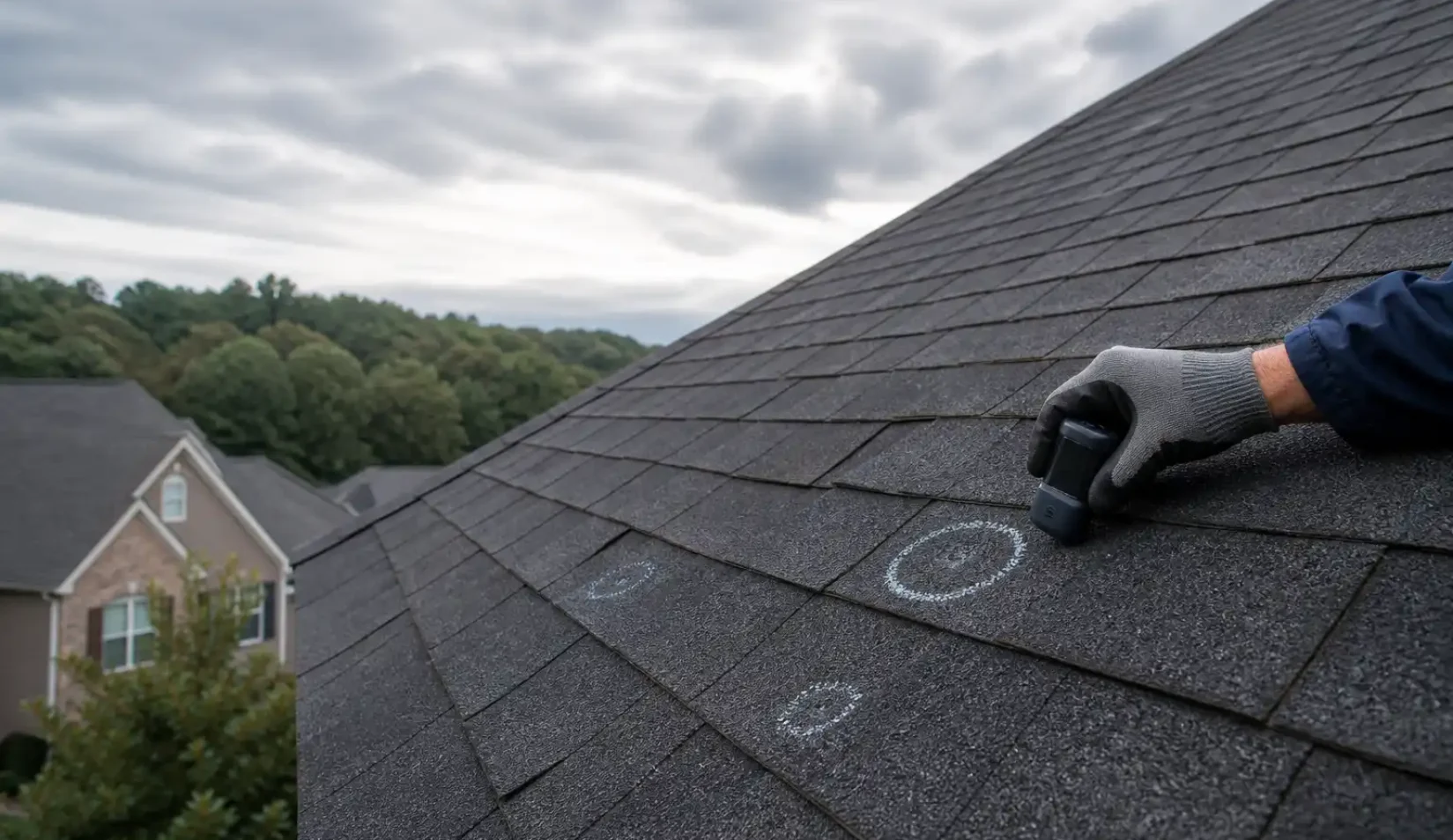 Roofing professional present during an insurance adjuster roof inspection